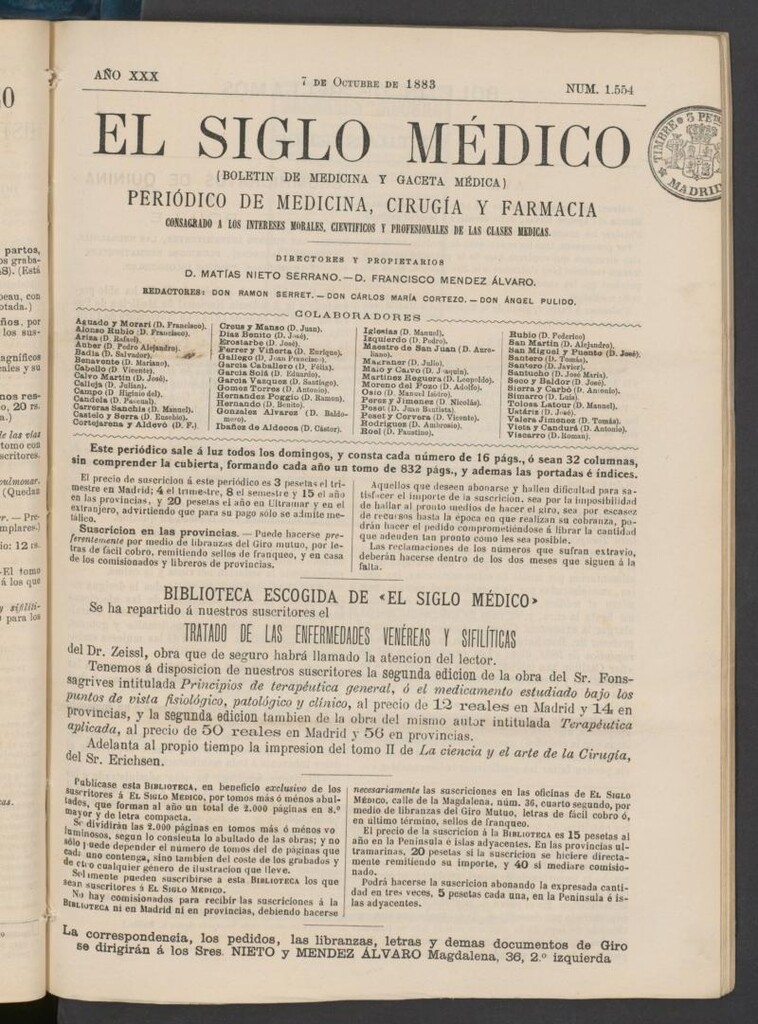 Miniatura de El Siglo Médico: boletín de medicina y gaceta médica del 7 de octubre de 1883