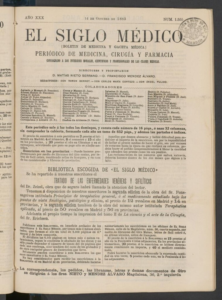 Miniatura de El Siglo Médico: boletín de medicina y gaceta médica del 14 de octubre de 1883