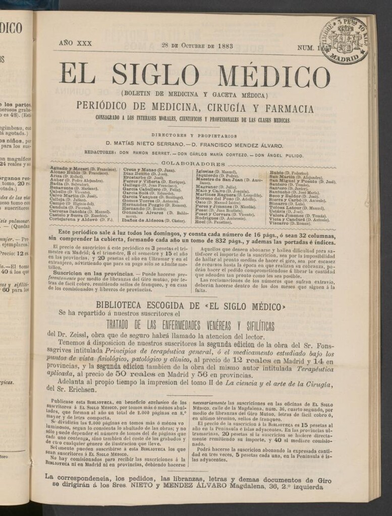 Miniatura de El Siglo Médico: boletín de medicina y gaceta médica del 28 de octubre de 1883