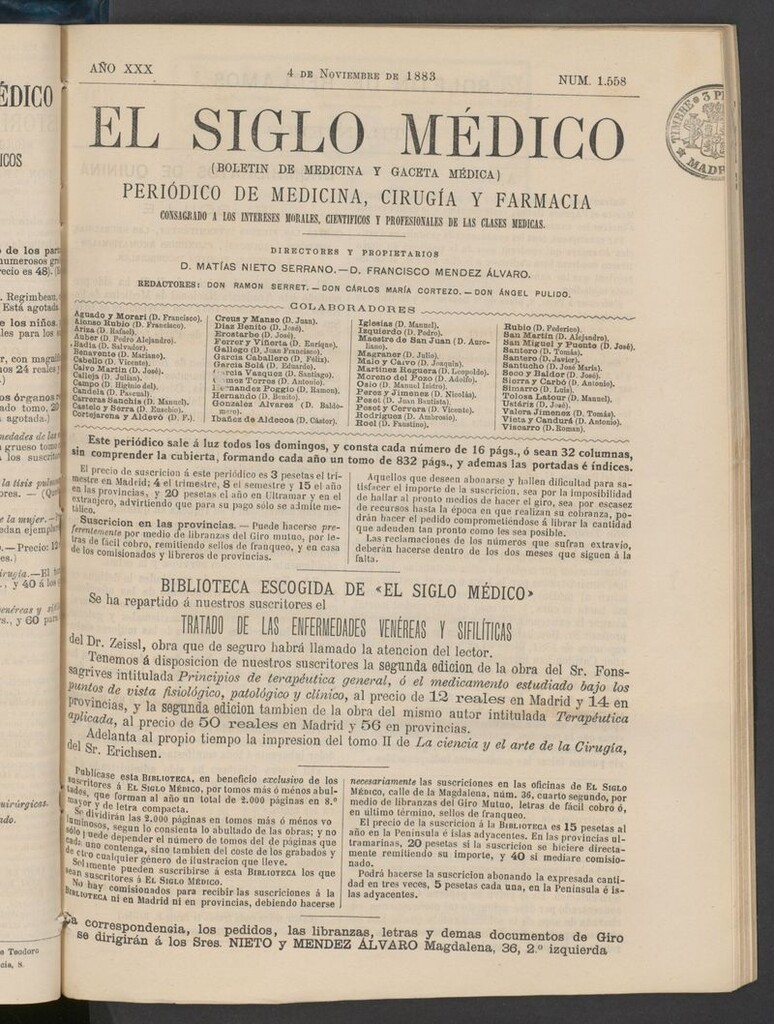 Miniatura de El Siglo Médico: boletín de medicina y gaceta médica del 4 de noviembre de 1883