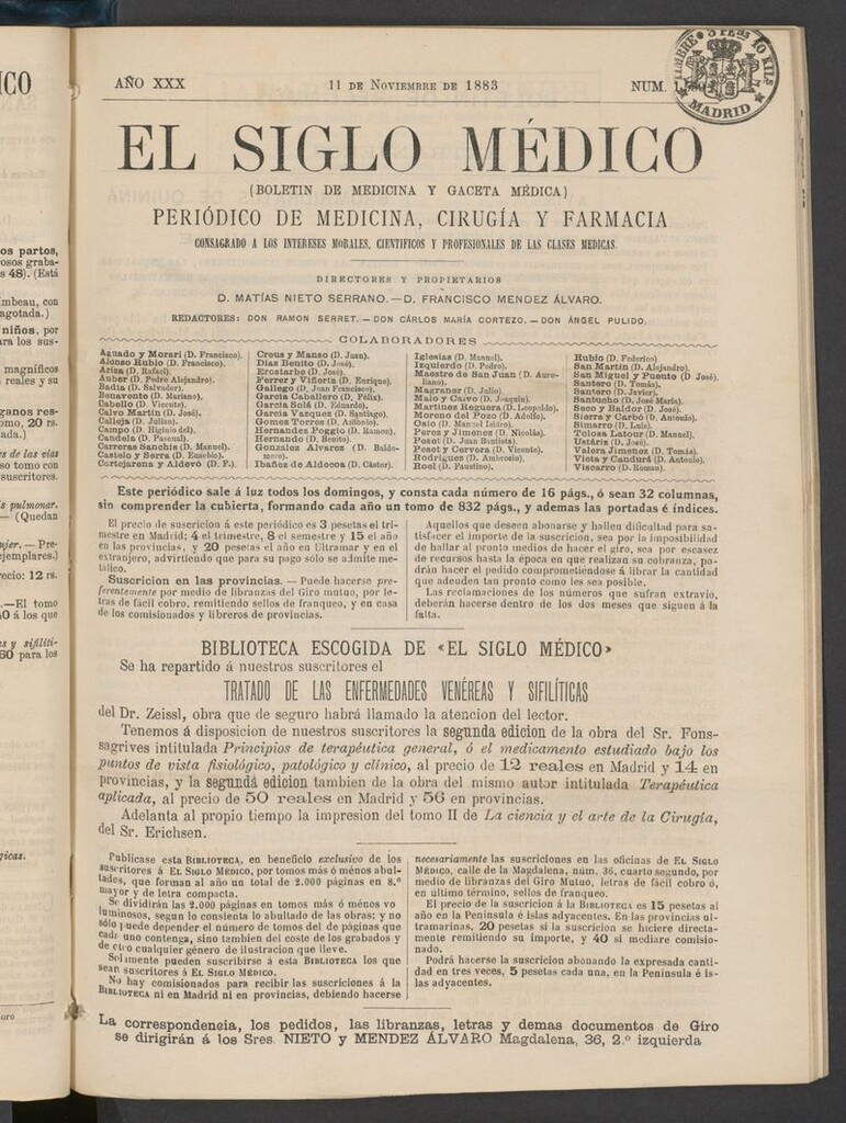 Miniatura de El Siglo Médico: boletín de medicina y gaceta médica del 11 de noviembre de 1883