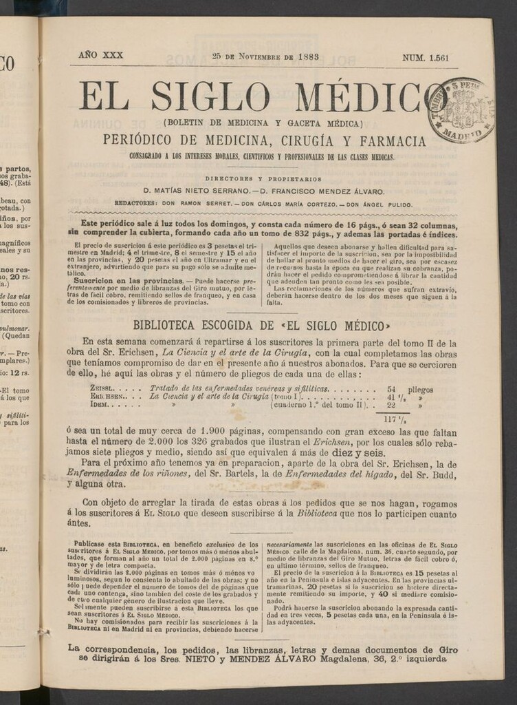 Miniatura de El Siglo Médico: boletín de medicina y gaceta médica del 25 de noviembre de 1883
