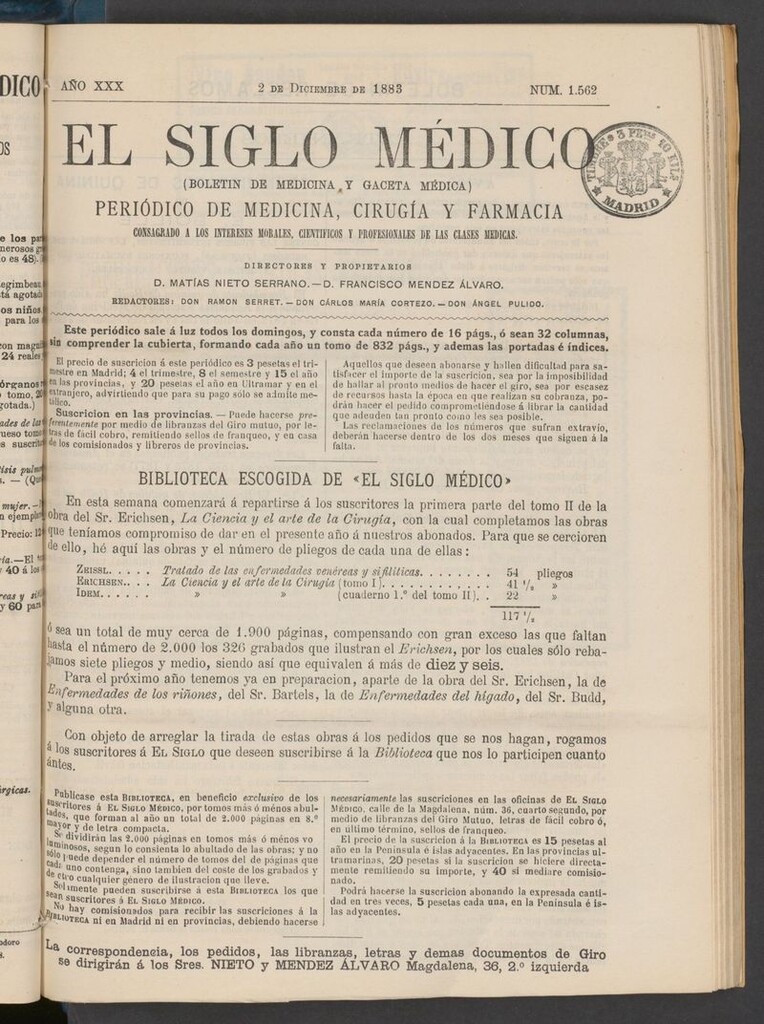Miniatura de El Siglo Médico: boletín de medicina y gaceta médica del 2 de diciembre de 1883