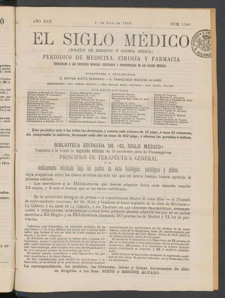 Miniatura de El Siglo Médico: boletín de medicina y gaceta médica del 1 de julio de 1883