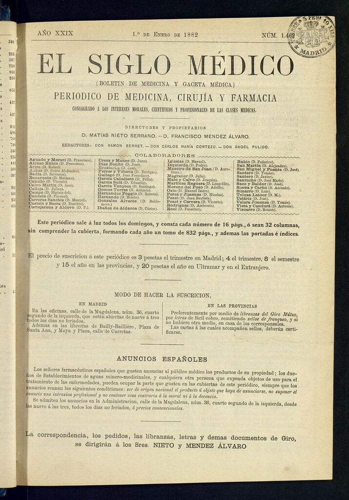 Miniatura de El Siglo Médico: boletín de medicina y gaceta médica del 1 de enero de 1882