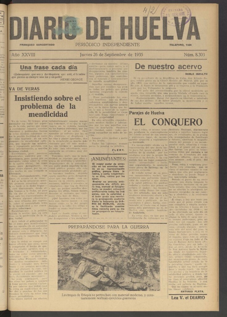Miniatura de Diario de Huelva : periódico independiente del 26 de septiembre de 1935