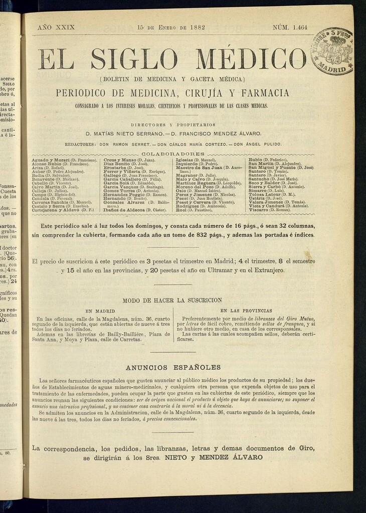 Miniatura de El Siglo Médico: boletín de medicina y gaceta médica del 15 de enero de 1882