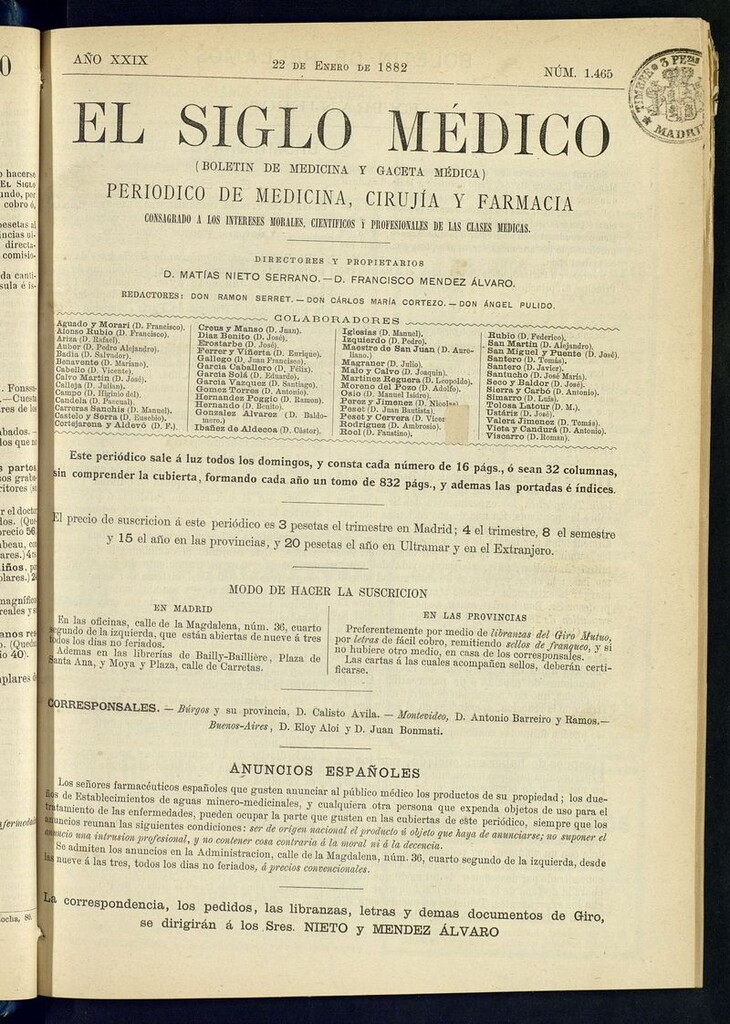 Miniatura de El Siglo Médico: boletín de medicina y gaceta médica del 22 de enero de 1882