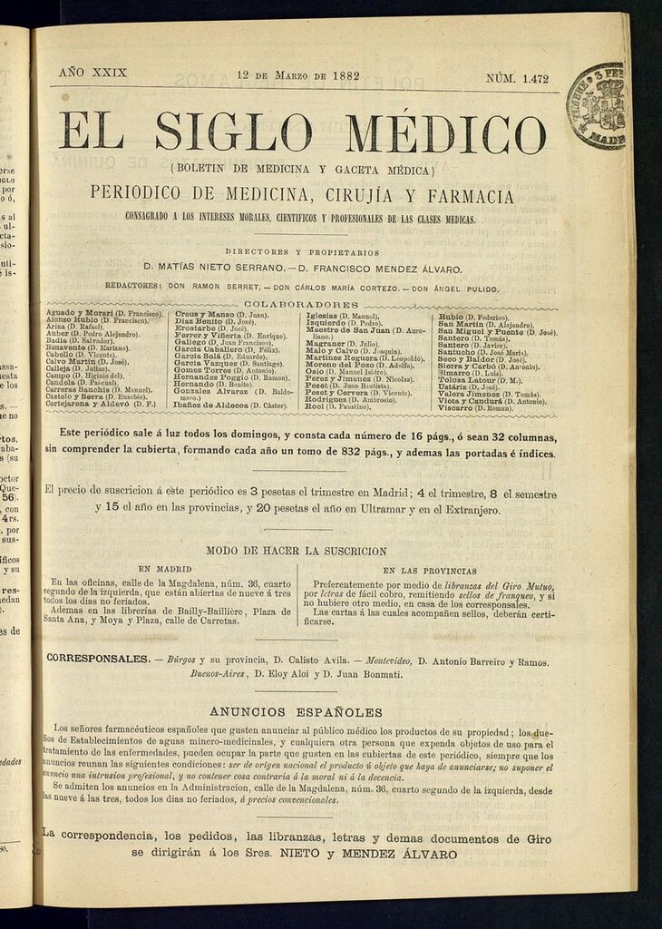 Miniatura de El Siglo Médico: boletín de medicina y gaceta médica del 12 de marzo de 1882