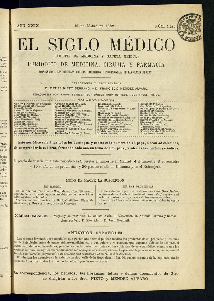Miniatura de El Siglo Médico: boletín de medicina y gaceta médica del 19 de marzo de 1882