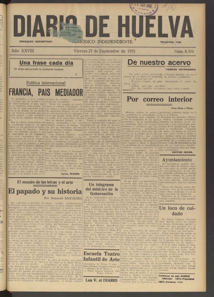Miniatura de Diario de Huelva : periódico independiente del 27 de septiembre de 1935