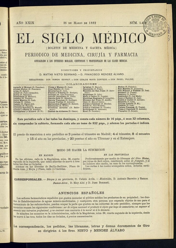 Miniatura de El Siglo Médico: boletín de medicina y gaceta médica del 26 de marzo de 1882