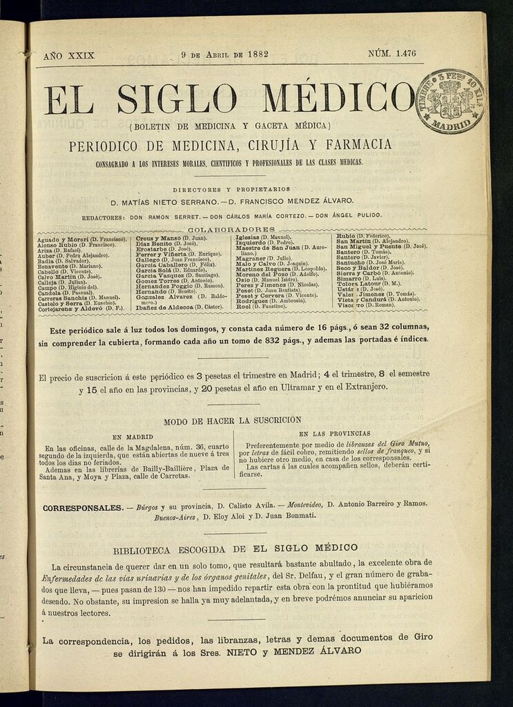 Miniatura de El Siglo Médico: boletín de medicina y gaceta médica del 9 de abril de 1882