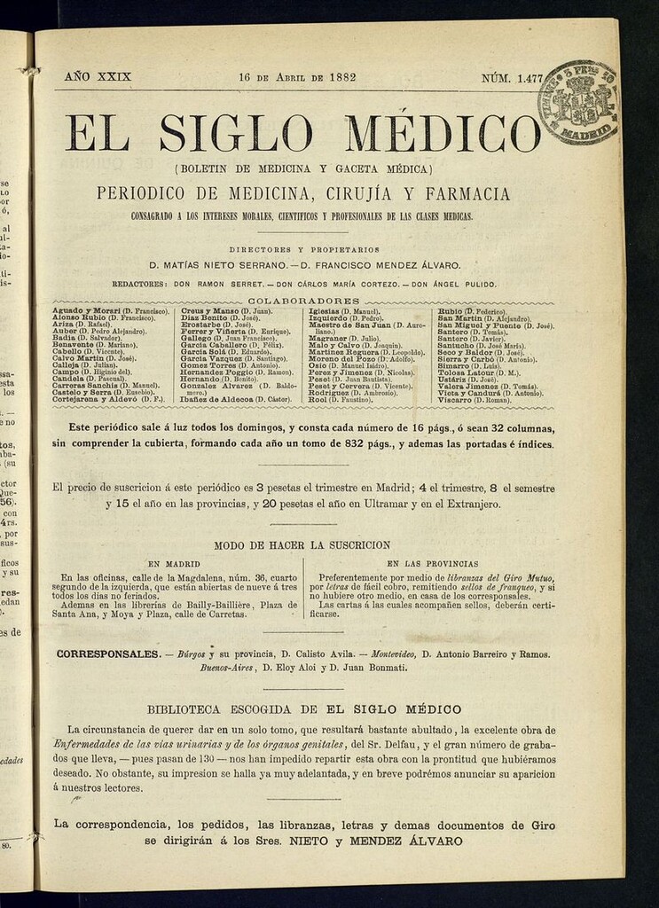 Miniatura de El Siglo Médico: boletín de medicina y gaceta médica del 16 de abril de 1882