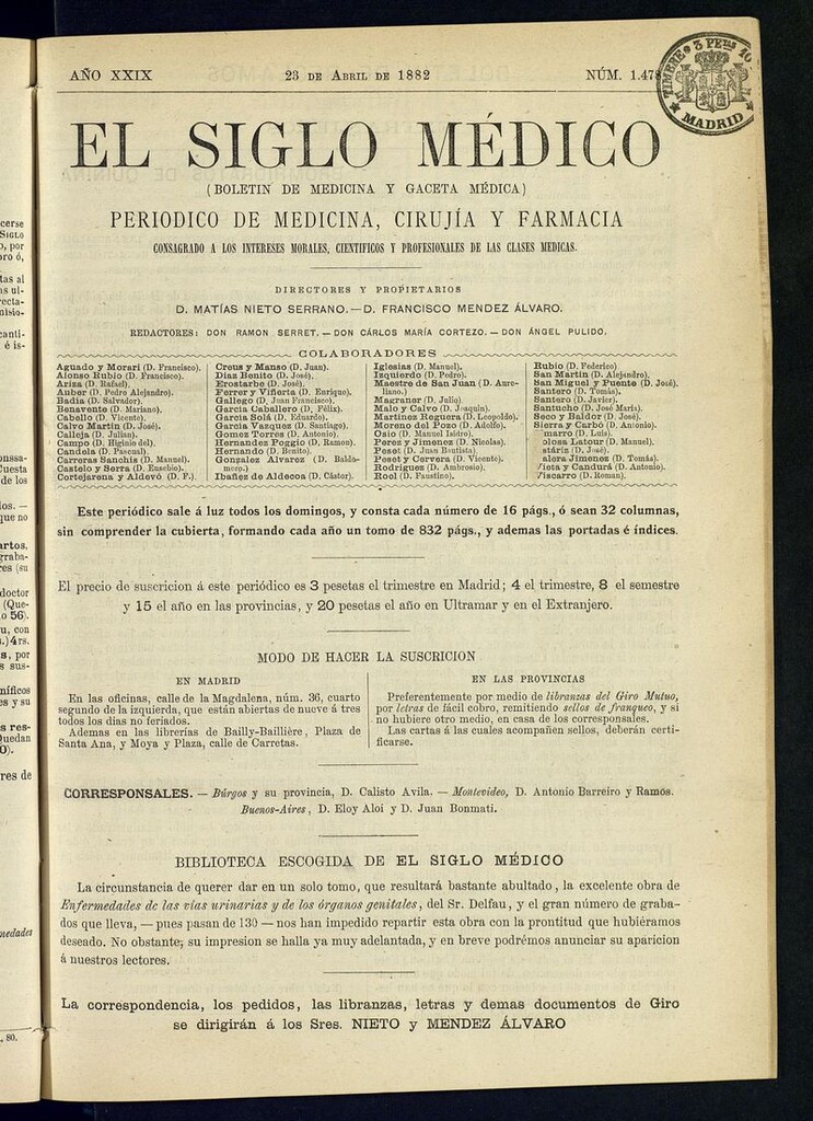 Miniatura de El Siglo Médico: boletín de medicina y gaceta médica del 23 de abril de 1882