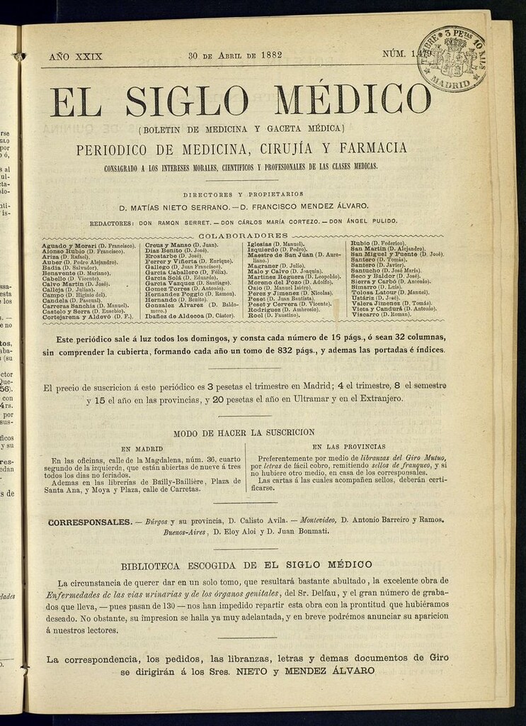 Miniatura de El Siglo Médico: boletín de medicina y gaceta médica del 30 de abril de 1882