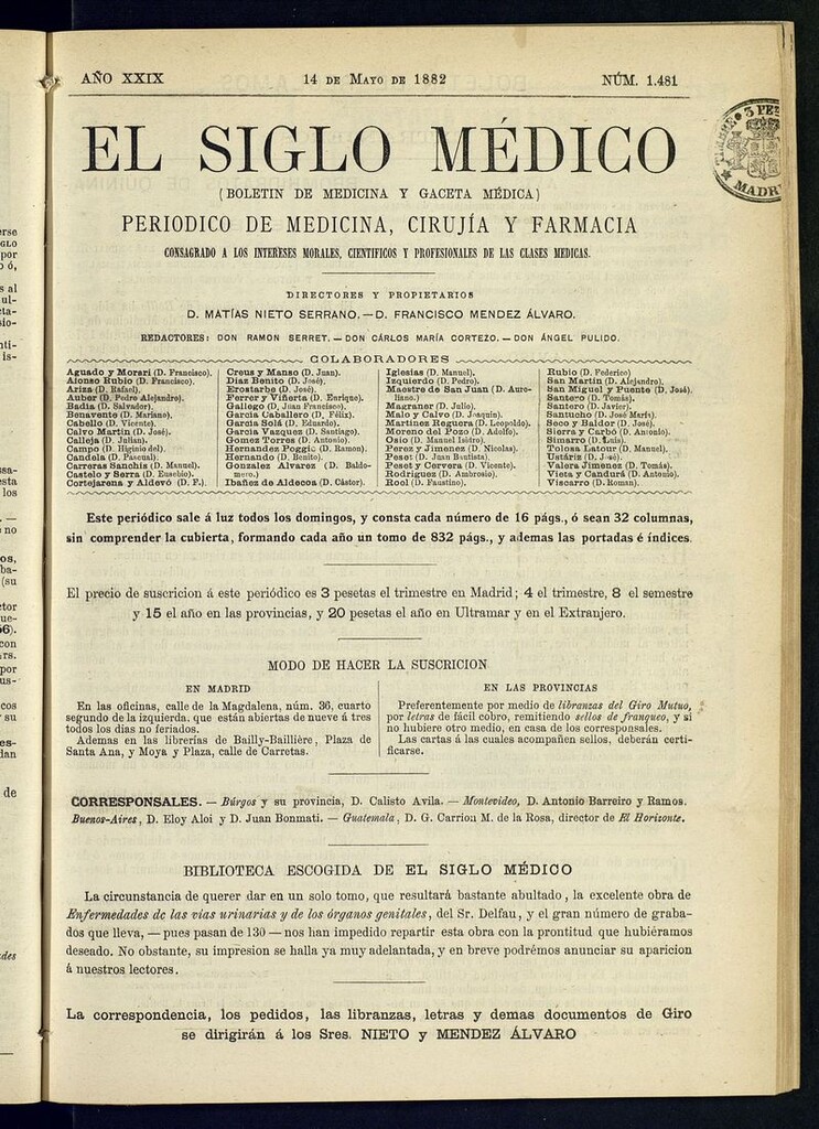 Miniatura de El Siglo Médico: boletín de medicina y gaceta médica del 14 de mayo de 1882