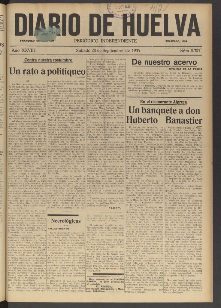 Miniatura de Diario de Huelva : periódico independiente del 28 de septiembre de 1935