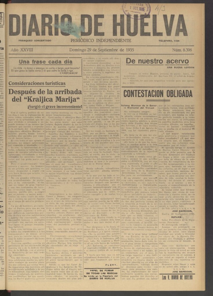 Miniatura de Diario de Huelva : periódico independiente del 29 de septiembre de 1935