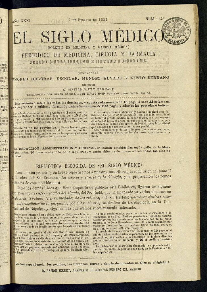 Miniatura de El Siglo Médico: boletín de medicina y gaceta médica del 17 de febrero de 1884