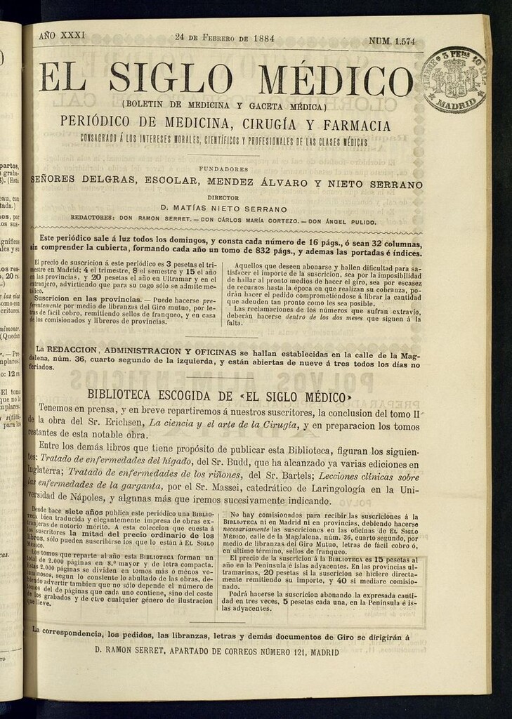 Miniatura de El Siglo Médico: boletín de medicina y gaceta médica del 24 de febrero de 1884
