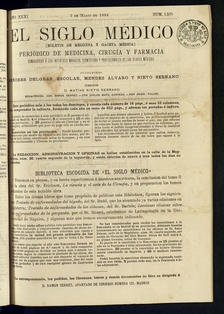 Miniatura de El Siglo Médico: boletín de medicina y gaceta médica del 2 de marzo de 1884