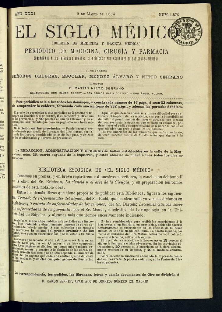 Miniatura de El Siglo Médico: boletín de medicina y gaceta médica del 9 de marzo de 1884