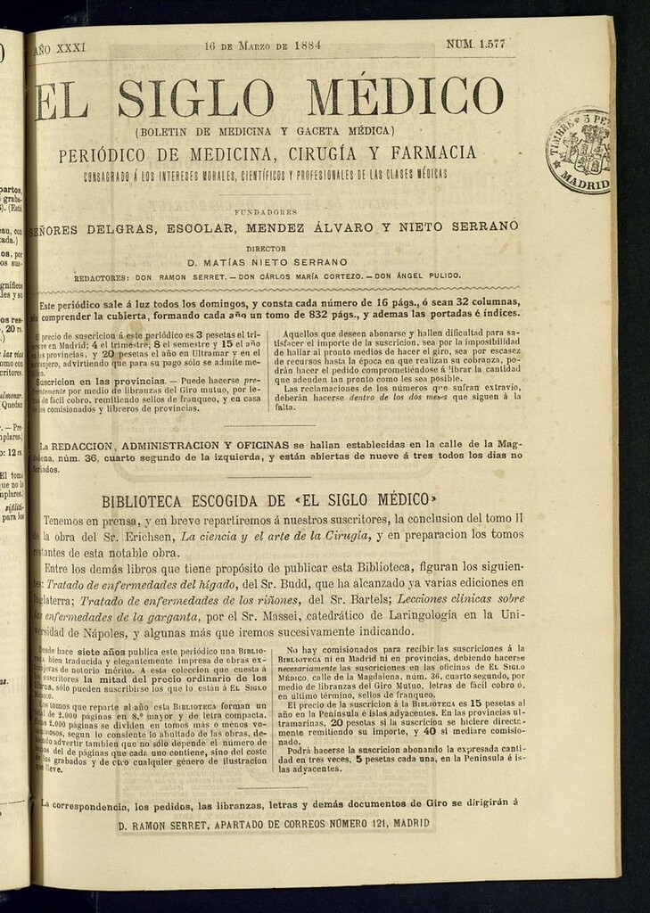 Miniatura de El Siglo Médico: boletín de medicina y gaceta médica del 16 de marzo de 1884