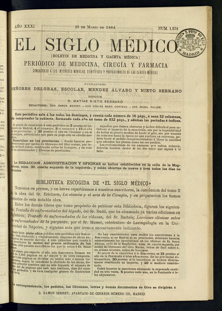 Miniatura de El Siglo Médico: boletín de medicina y gaceta médica del 23 de marzo de 1884