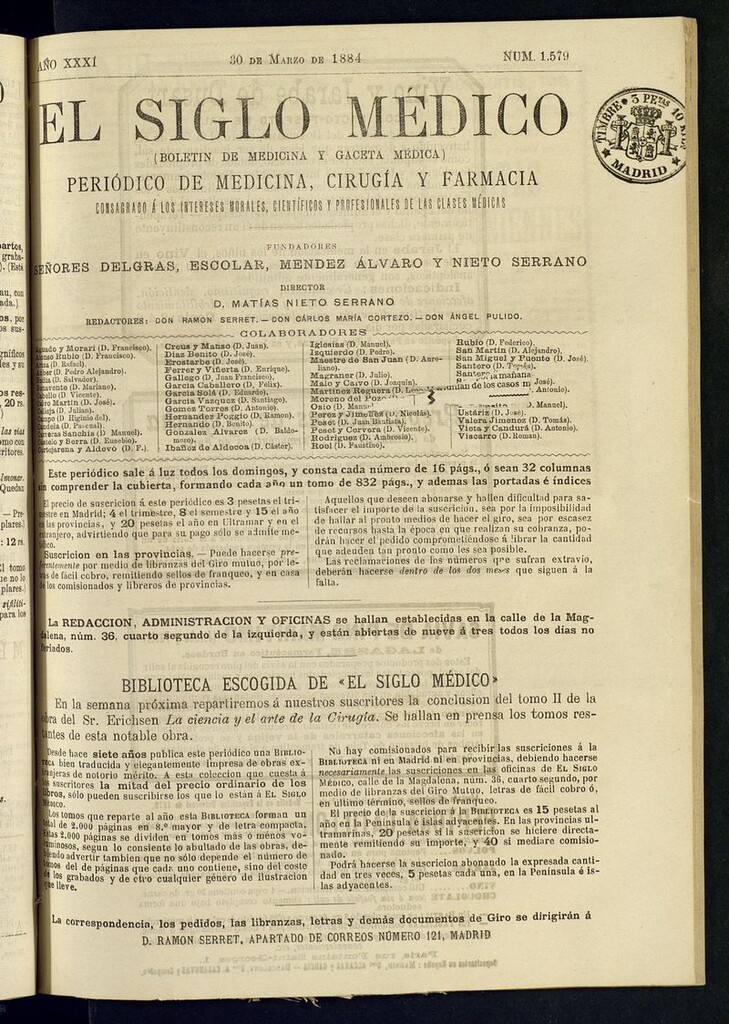 Miniatura de El Siglo Médico: boletín de medicina y gaceta médica del 30 de marzo de 1884