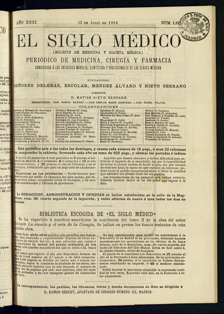 Miniatura de El Siglo Médico: boletín de medicina y gaceta médica del 13 de abril de 1884