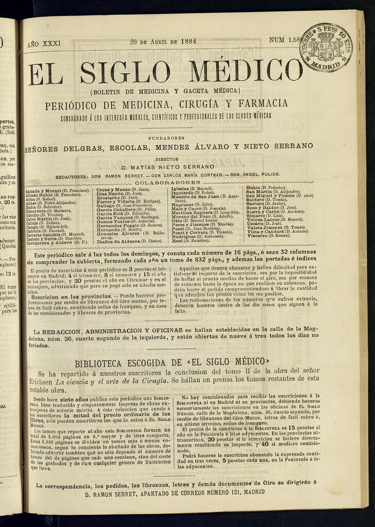 Miniatura de El Siglo Médico: boletín de medicina y gaceta médica del 20 de abril de 1884