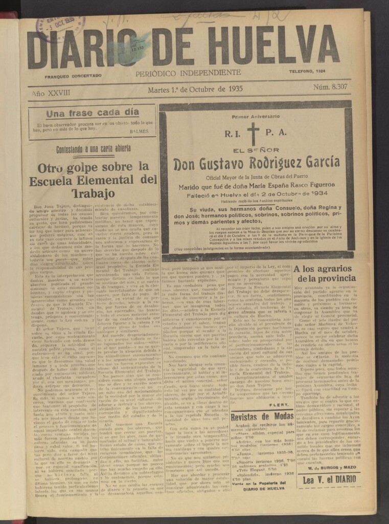 Miniatura de Diario de Huelva : periódico independiente del 1 de octubre de 1935