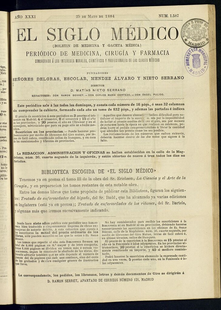 Miniatura de El Siglo Médico: boletín de medicina y gaceta médica del 25 de mayo de 1884