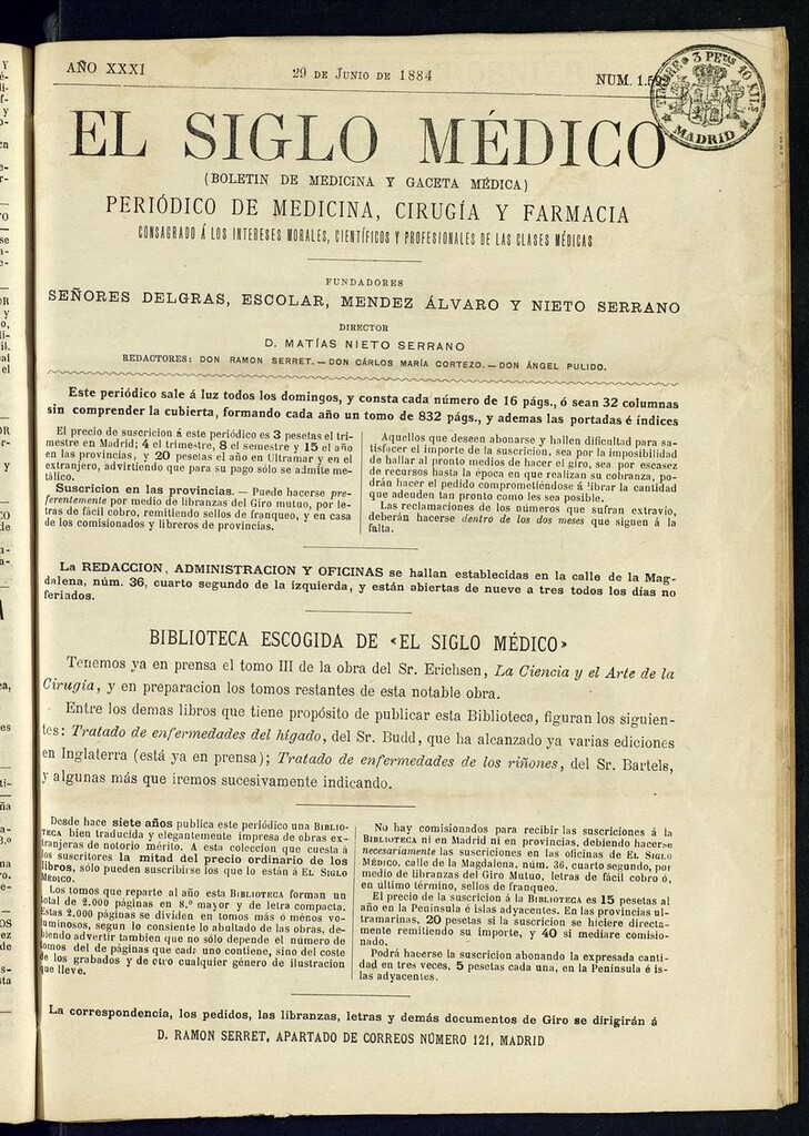 Miniatura de El Siglo Médico: boletín de medicina y gaceta médica del 29 de junio de 1884
