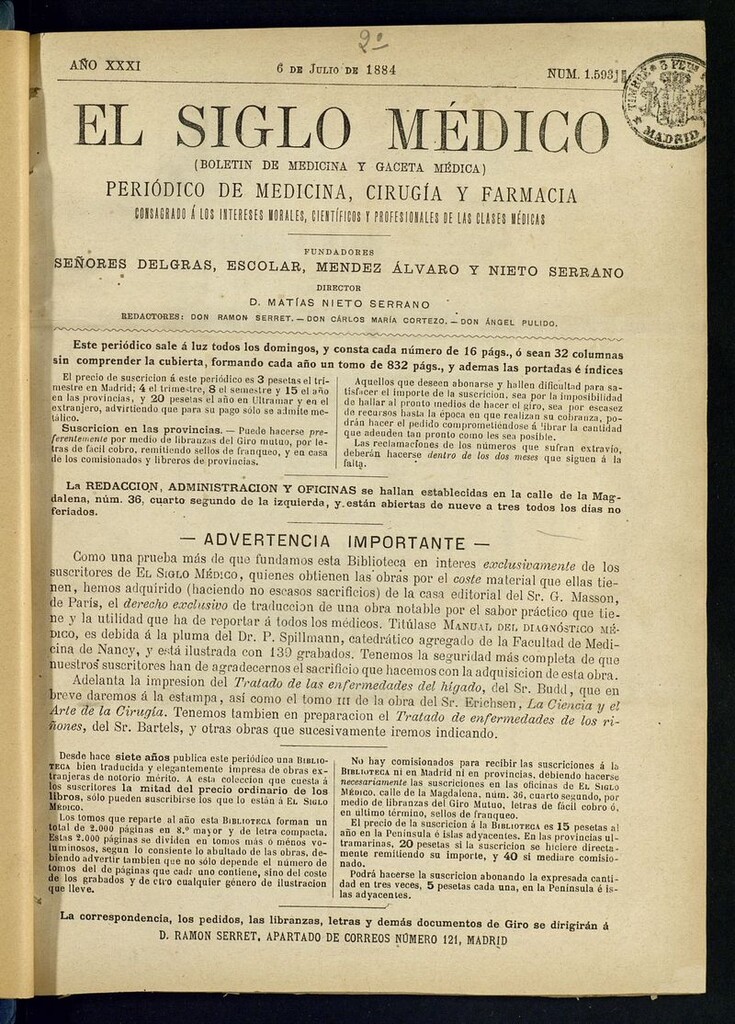 Miniatura de El Siglo Médico: boletín de medicina y gaceta médica del 6 de julio de 1884