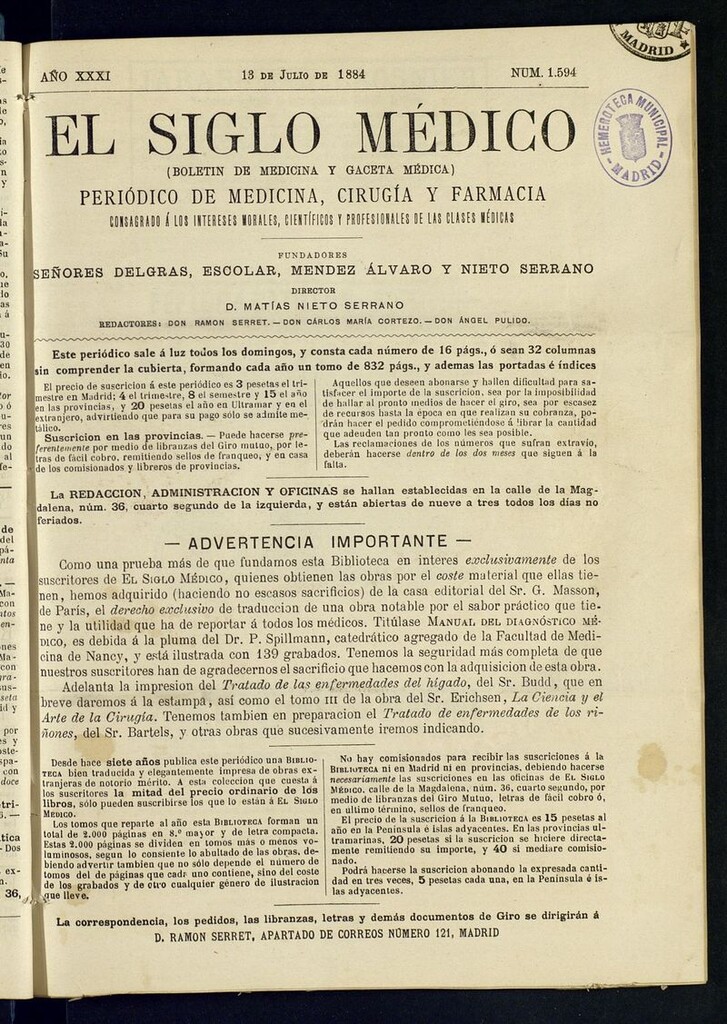 Miniatura de El Siglo Médico: boletín de medicina y gaceta médica del 13 de julio de 1884