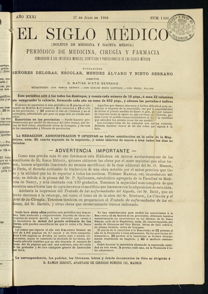 Miniatura de El Siglo Médico: boletín de medicina y gaceta médica del 27 de julio de 1884