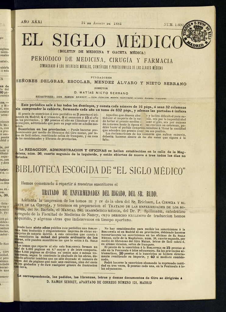 Miniatura de El Siglo Médico: boletín de medicina y gaceta médica del 24 de agosto de 1884