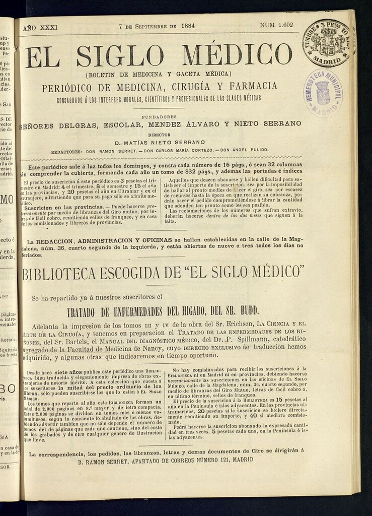 Miniatura de El Siglo Médico: boletín de medicina y gaceta médica del 7 de septiembre de 1884