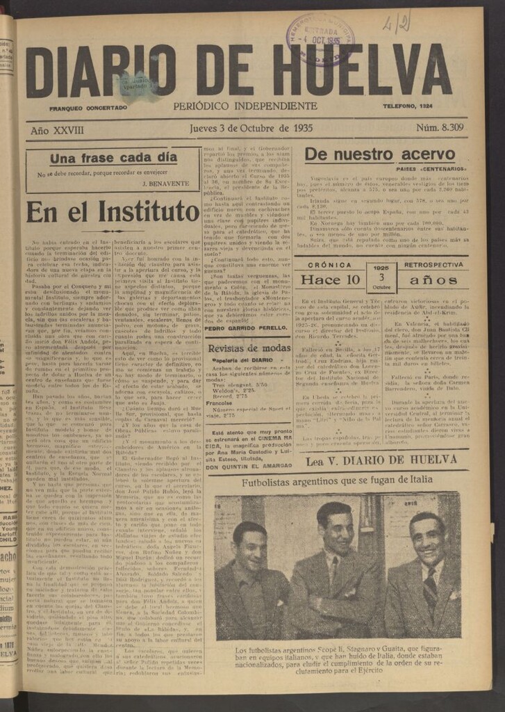 Miniatura de Diario de Huelva : periódico independiente del 3 de octubre de 1935
