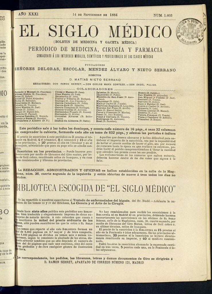 Miniatura de El Siglo Médico: boletín de medicina y gaceta médica del 14 de septiembre de 1884