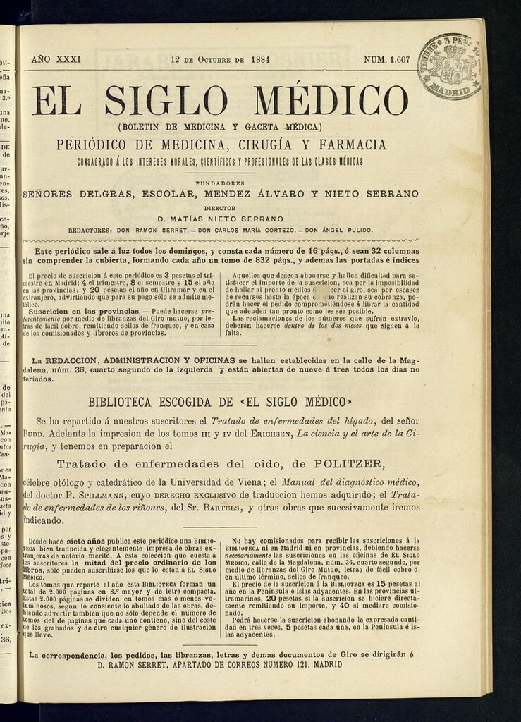 Miniatura de El Siglo Médico: boletín de medicina y gaceta médica del 12 de octubre de 1884