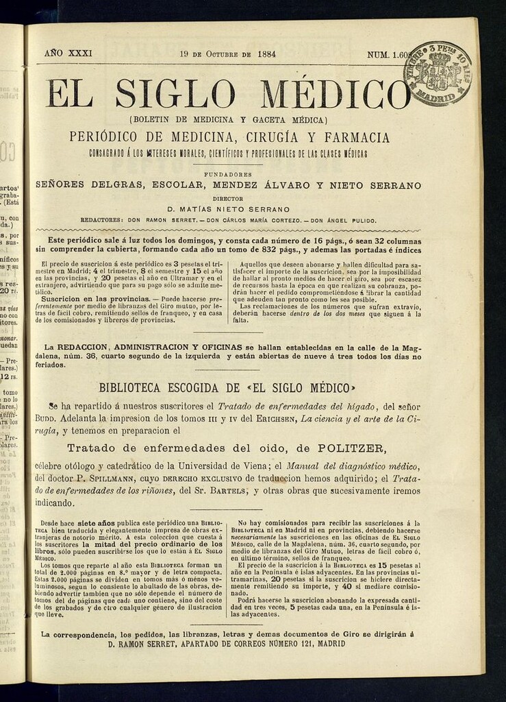 Miniatura de El Siglo Médico: boletín de medicina y gaceta médica del 19 de octubre de 1884