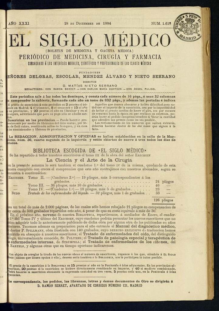 Miniatura de El Siglo Médico: boletín de medicina y gaceta médica del 28 de diciembre de 1884
