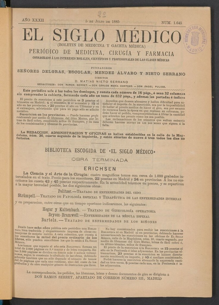 Miniatura de El Siglo Médico: boletín de medicina y gaceta médica del 5 de julio de 1885