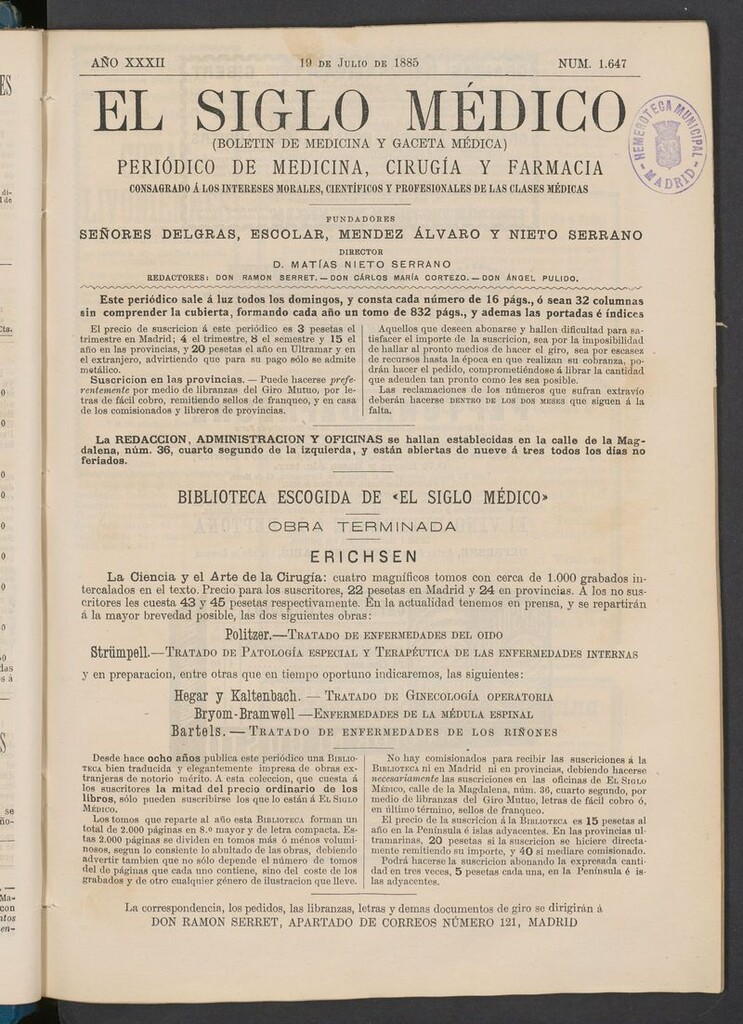 Miniatura de El Siglo Médico: boletín de medicina y gaceta médica del 19 de julio de 1885