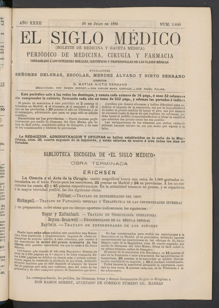 Miniatura de El Siglo Médico: boletín de medicina y gaceta médica del 26 de julio de 1885