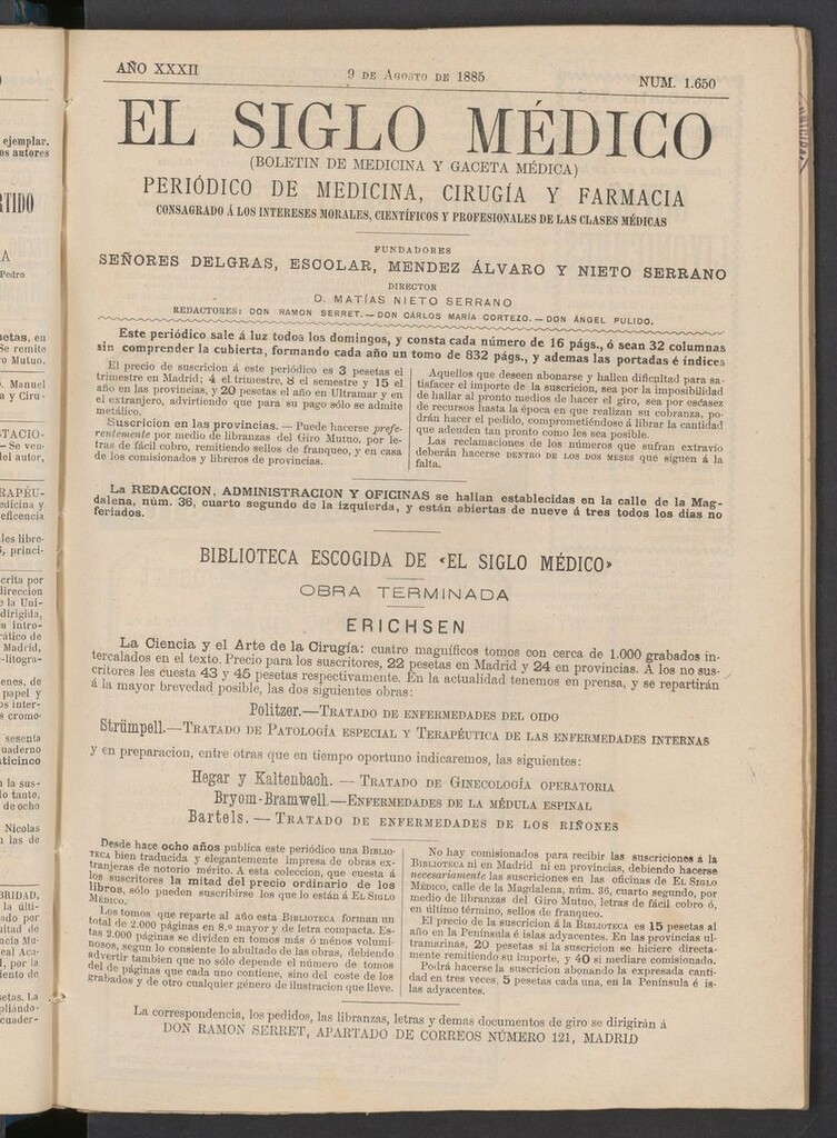 Miniatura de El Siglo Médico: boletín de medicina y gaceta médica del 9 de agosto de 1885