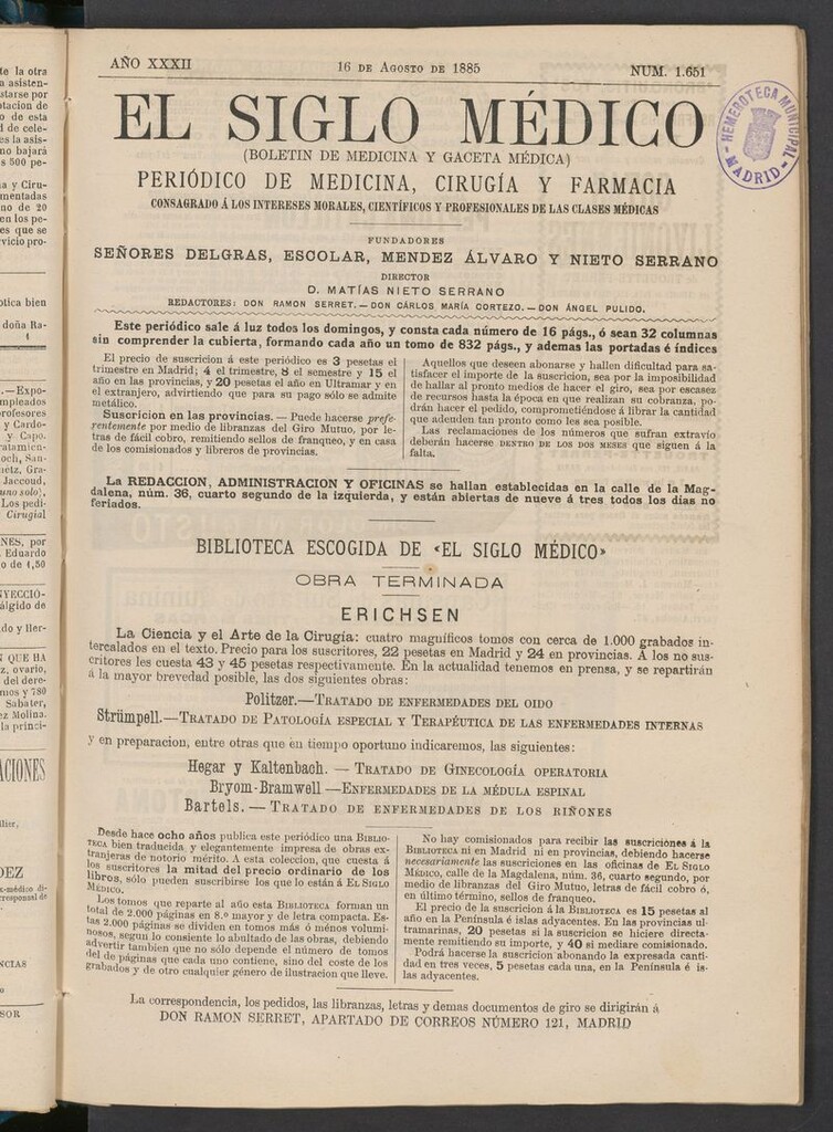 Miniatura de El Siglo Médico: boletín de medicina y gaceta médica del 16 de agosto de 1885